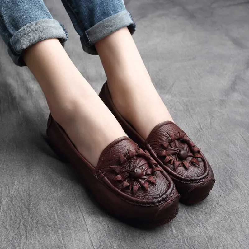 Women Retro Leather Handcraft Soft Casual Flats