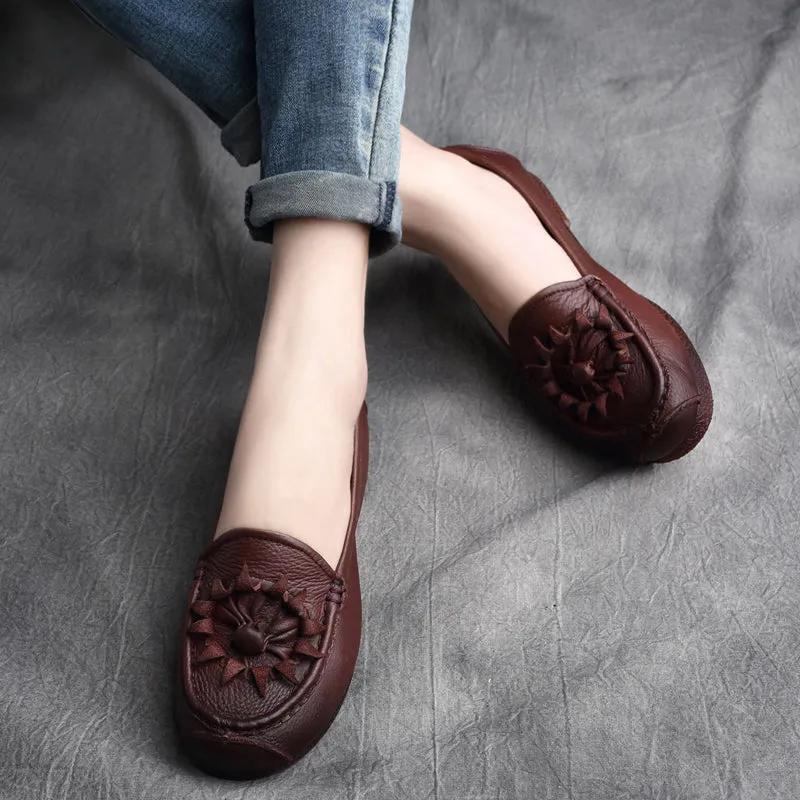 Women Retro Leather Handcraft Soft Casual Flats