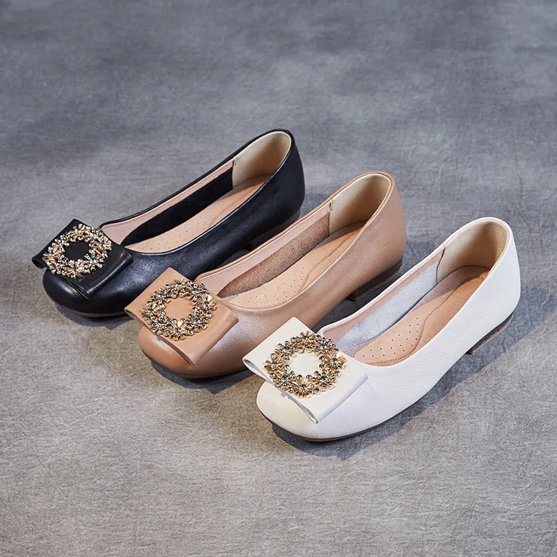 Women Soft Leather Crystal Casual Flats