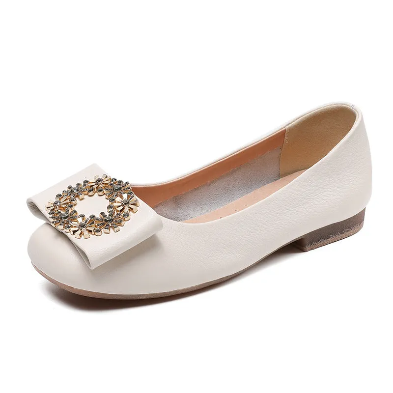 Women Soft Leather Crystal Casual Flats