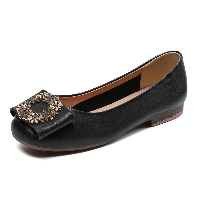 Women Soft Leather Crystal Casual Flats