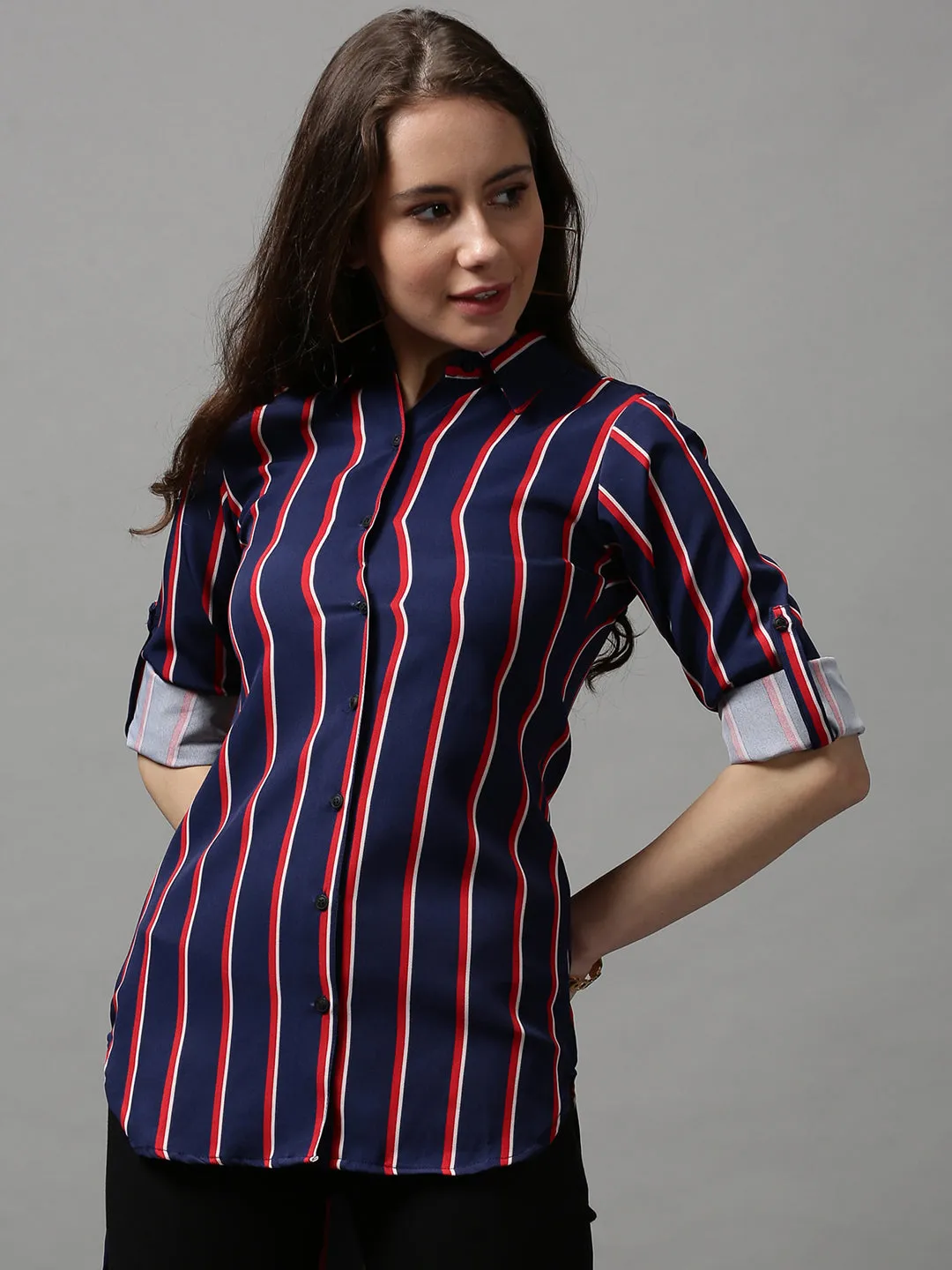 Women's Blue Striped Longline Shirt