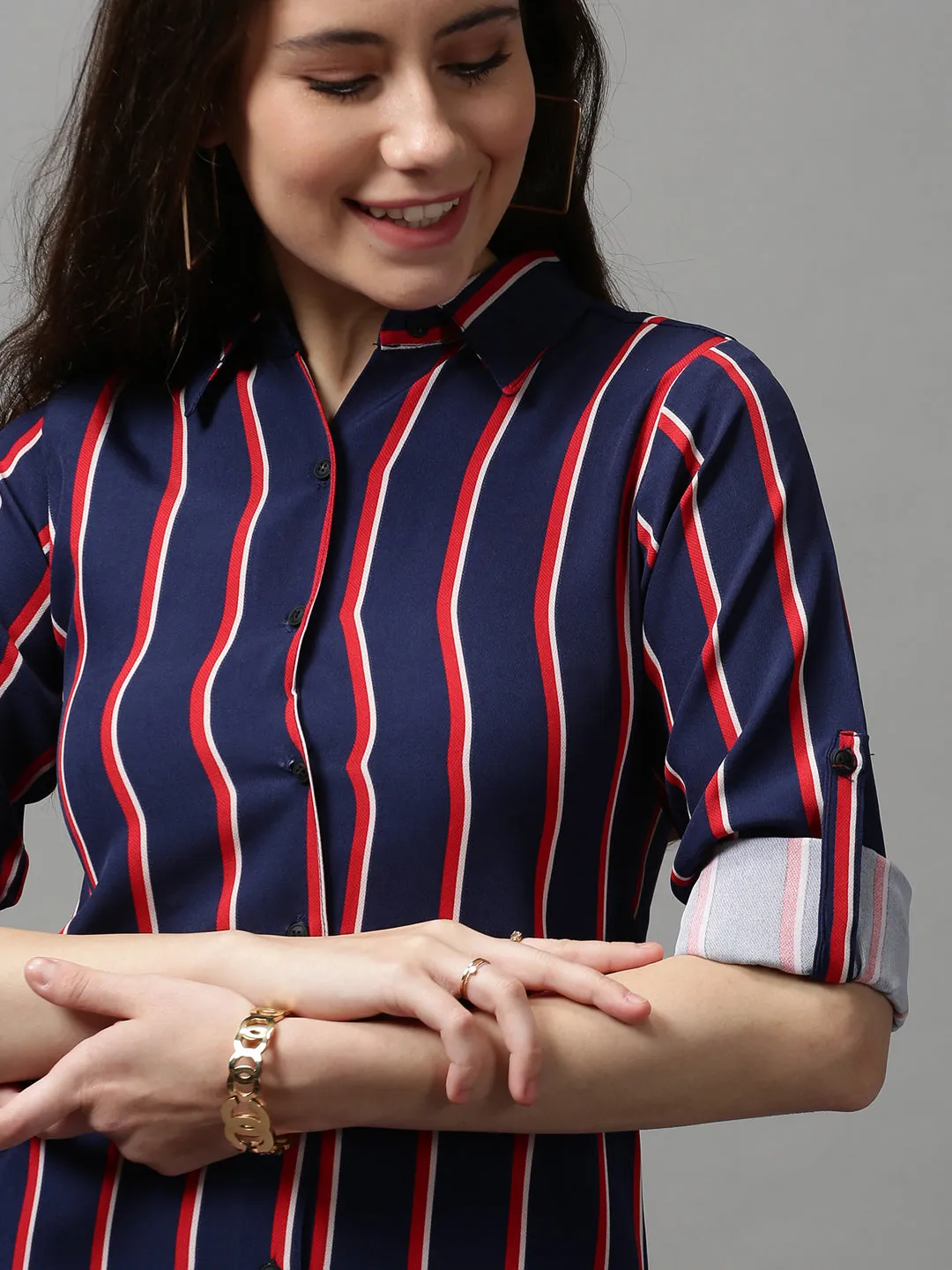 Women's Blue Striped Longline Shirt