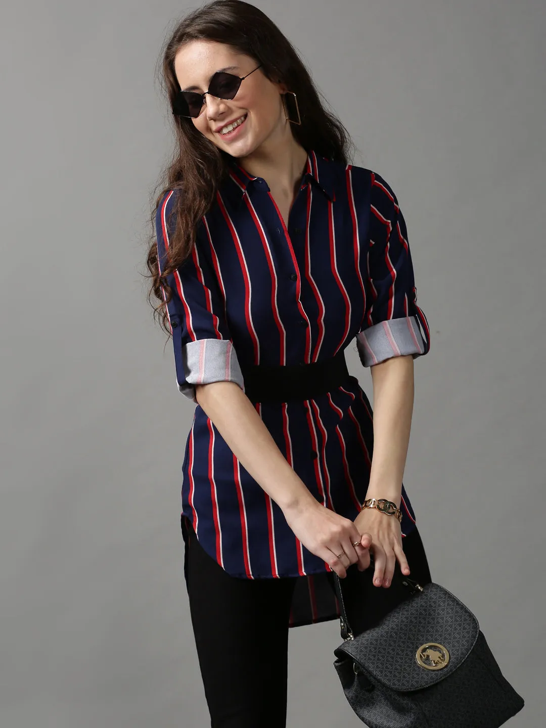 Women's Blue Striped Longline Shirt